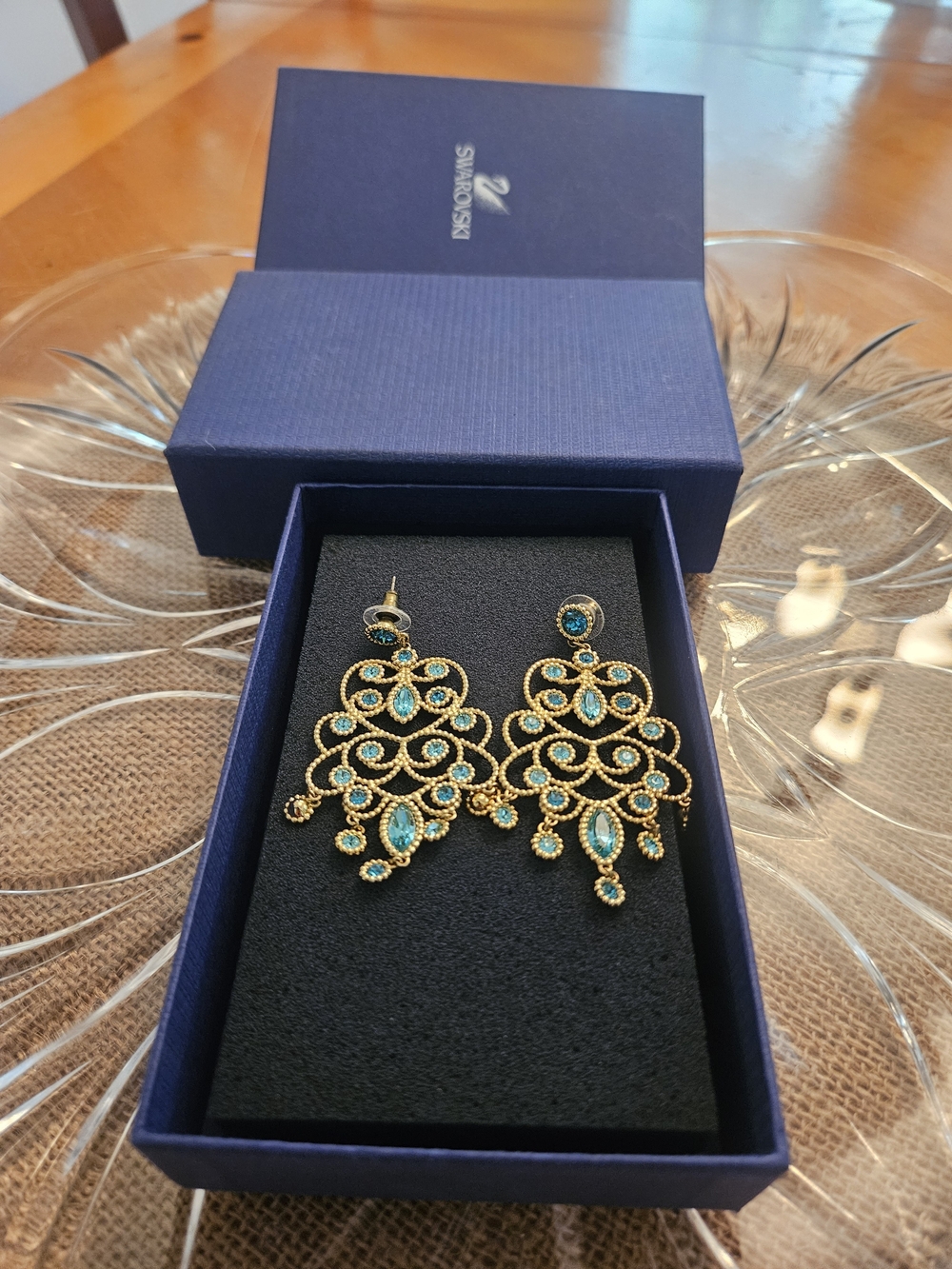 Swarovski Gold-Tone Teal Crystal Chandelier Earrings